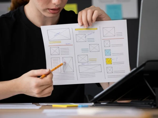 Imagem demonstrando como organizar a estrutura de um site, com categorias, subcategorias e URLs amigáveis, apresentada por uma pessoa segurando um esboço.