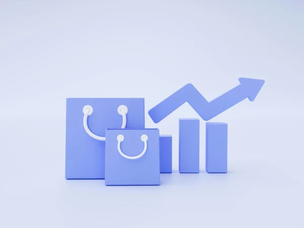 Imagem ilustrativa mostrando métricas de performance de e-commerce, com sacolas de compras e um gráfico de crescimento ascendente, destacando a importância de acompanhar essas métricas.