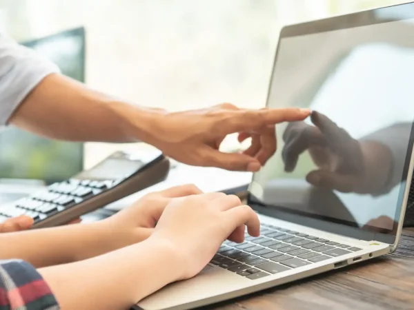 Pessoa recebendo orientação de um especialista sobre a necessidade de ter CNPJ para prestar serviços online, usando computador portátil.