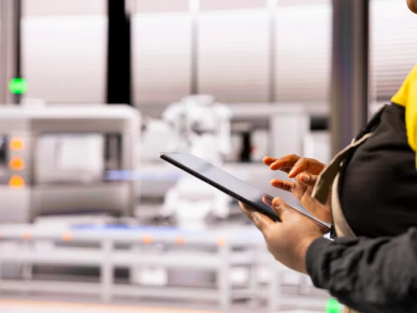 Pessoa controlando uma fábrica inteligente autônoma usando um tablet, com máquinas modernas ao fundo, ilustrando a inovação na automação industrial.