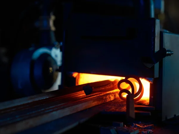 Processo de fabricação de metal na indústria, mostrando dois anéis caldeados a alta temperatura com brilho laranja, destacando a transformação do metal desde a matéria-prima até o produto final.