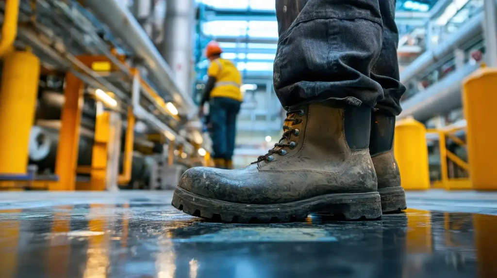 Imagem de uma bota de trabalho em um ambiente industrial, ilustrando onde o uso de lava botas é obrigatório na indústria para segurança e proteção.