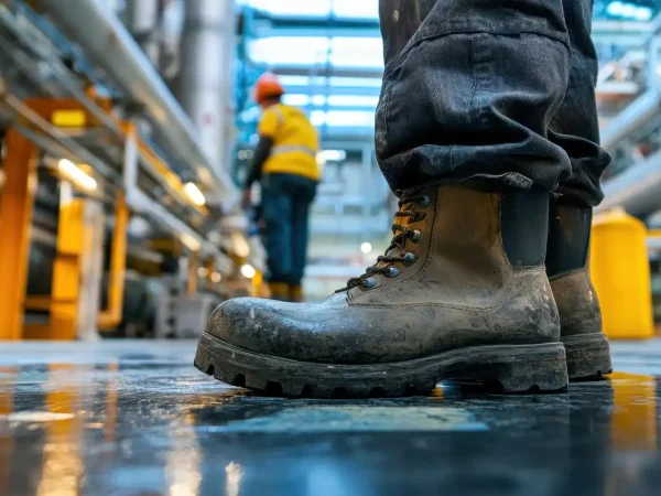 Imagem de uma bota de trabalho em um ambiente industrial, ilustrando onde o uso de lava botas é obrigatório na indústria para segurança e proteção.